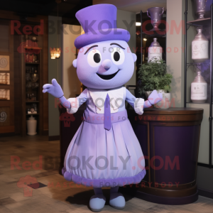 Lavender Hourglass mascot costume character dressed with a Skirt and Suspenders