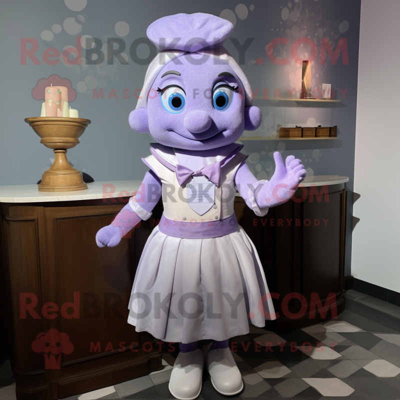 Lavender Hourglass mascot costume character dressed with a Skirt and Suspenders