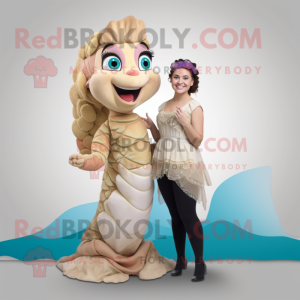 Beige Mermaid mascot costume character dressed with a Wrap Dress and Suspenders