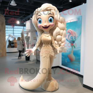 Beige Mermaid mascot costume character dressed with a Wrap Dress and Suspenders
