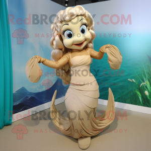 Beige Mermaid mascot costume character dressed with a Wrap Dress and Suspenders