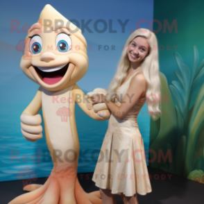 Beige Mermaid mascot costume character dressed with a Wrap Dress and Suspenders