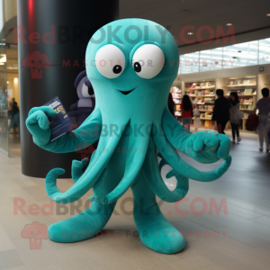 Teal Octopus mascot costume character dressed with a Long Sleeve Tee and Clutch bags