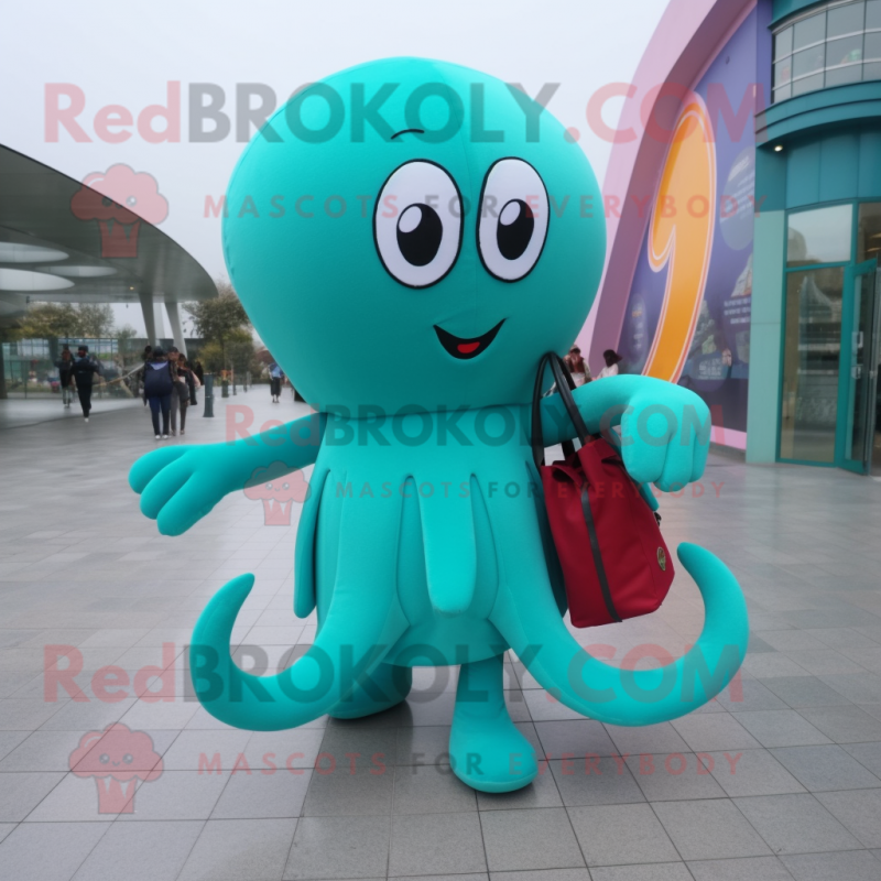 Teal Octopus mascot costume character dressed with a Long Sleeve Tee and Clutch bags