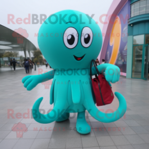 Teal Octopus mascot costume character dressed with a Long Sleeve Tee and Clutch bags