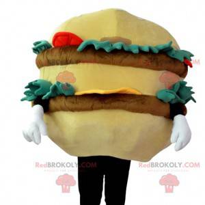 Gourmet-hamburger-maskot med bøf, salat, tomater -