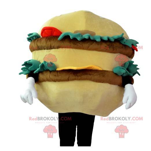 Gourmet-hamburger-maskot med bøf, salat, tomater -