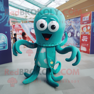 Teal Octopus mascot costume character dressed with a Long Sleeve Tee and Clutch bags