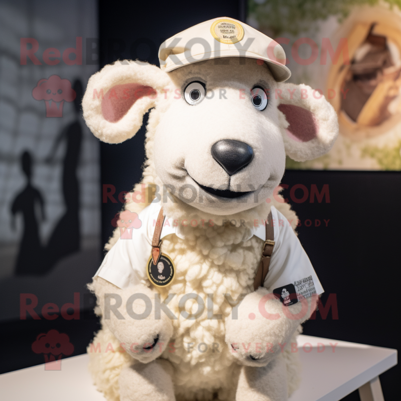 Cream Sheep mascot costume character dressed with a Henley Tee and Lapel pins