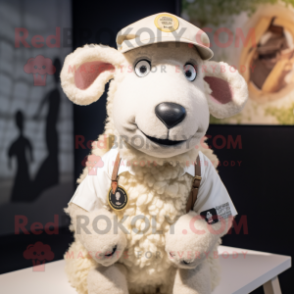 Cream Sheep mascot costume character dressed with a Henley Tee and Lapel pins