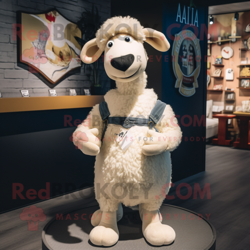 Cream Sheep mascot costume character dressed with a Henley Tee and Lapel pins