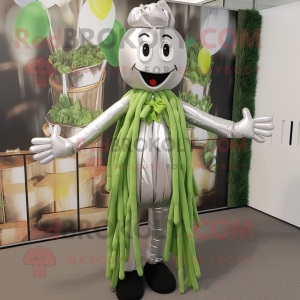 Silver Asparagus mascot costume character dressed with a Blouse and Bow ties