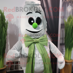 Silver Asparagus mascot costume character dressed with a Blouse and Bow ties