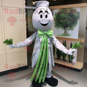 Silver Asparagus mascot costume character dressed with a Blouse and Bow ties