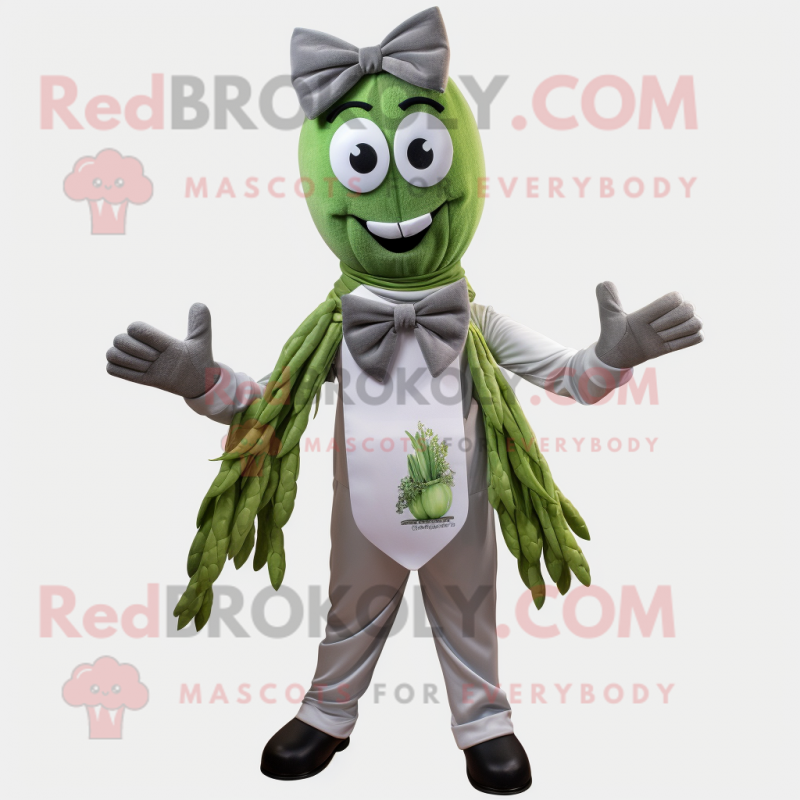 Silver Asparagus mascot costume character dressed with a Blouse and Bow ties Silver Asparagus mascot costume character dressed with a Blouse and Bow ties