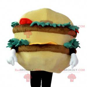 Mascote de hambúrguer gourmet com bife, salada, tomate -