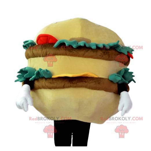 Gourmet-hamburger-maskot med biff, salat, tomater -