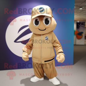 Tan Handball Ball mascot costume character dressed with a Windbreaker and Hat pins