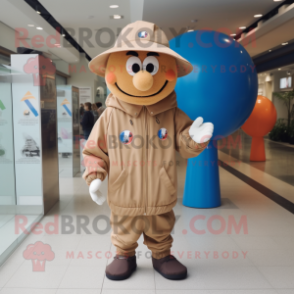 Tan Handball Ball mascot costume character dressed with a Windbreaker and Hat pins