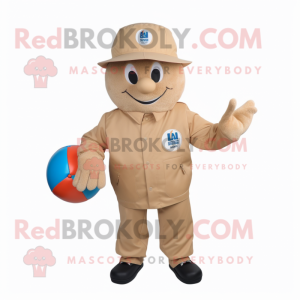 Tan Handball Ball mascot costume character dressed with a Windbreaker and Hat pins