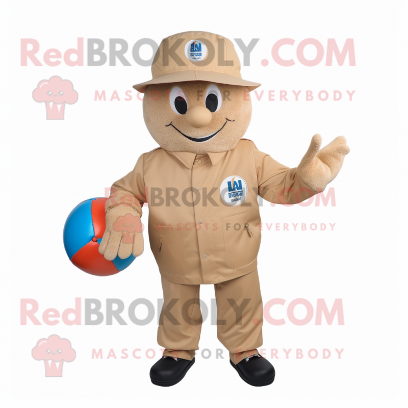 Tan Handball Ball mascot costume character dressed with a Windbreaker and Hat pins Tan Handball Ball mascot costume character dressed with a Windbreaker and Hat pins