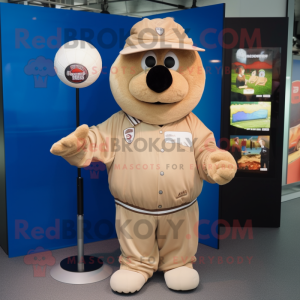 Tan Handball Ball mascot costume character dressed with a Windbreaker and Hat pins