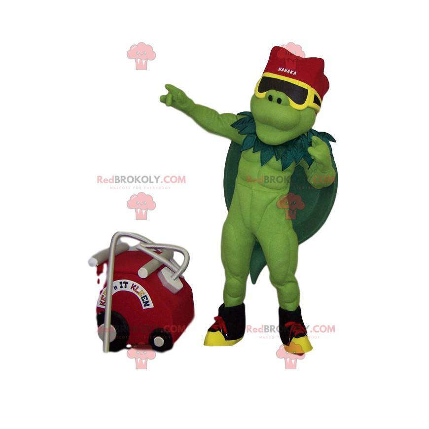Muskuløs grøn helten maskot med en grøn kappe - Redbrokoly.com