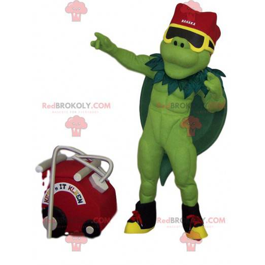 Mascote musculoso e verde com uma capa verde - Redbrokoly.com