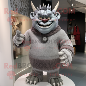 Silver Ogre mascot costume character dressed with a Sweater and Handbags
