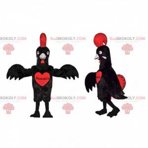 Mascotte de poulet noir avec une belle crête rouge -