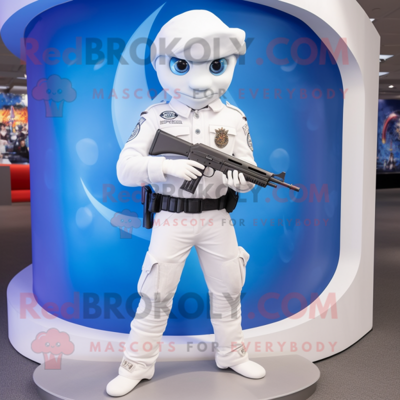 White Para Commando mascot costume character dressed with a Flare Jeans and Lapel pins