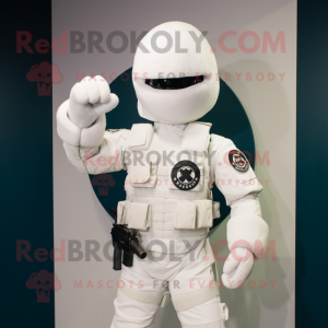 White Para Commando mascot costume character dressed with a Flare Jeans and Lapel pins