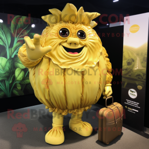 Gold Cabbage mascot costume character dressed with a Rash Guard and Briefcases