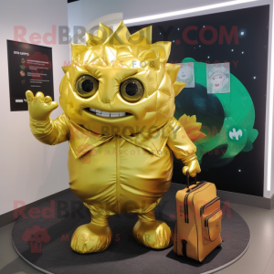 Gold Cabbage mascot costume character dressed with a Rash Guard and Briefcases