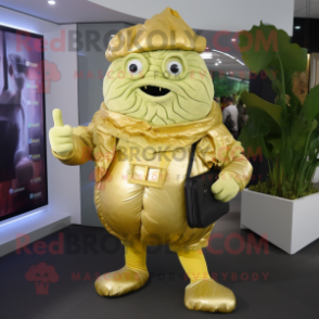 Gold Cabbage mascot costume character dressed with a Rash Guard and Briefcases