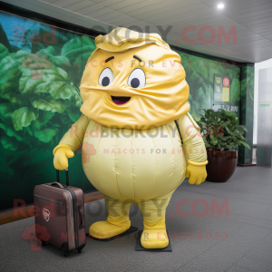 Gold Cabbage mascot costume character dressed with a Rash Guard and Briefcases