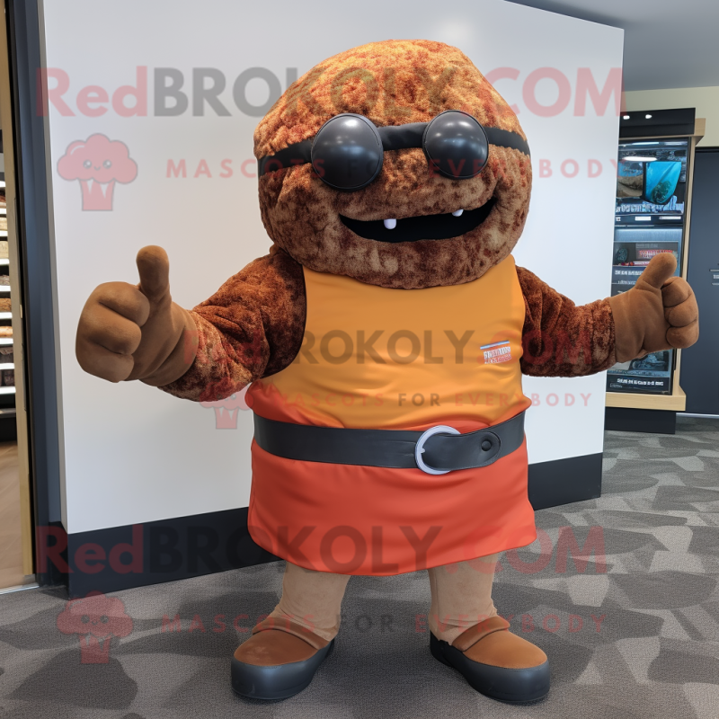 Rust Burgers mascot costume character dressed with a Bermuda Shorts and Gloves Rust Burgers mascot costume character dressed with a Bermuda Shorts and Gloves