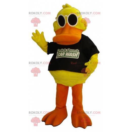 Mascote de pato amarelo e laranja com óculos de sol -