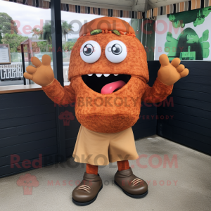 Rust Burgers mascot costume character dressed with a Bermuda Shorts and Gloves