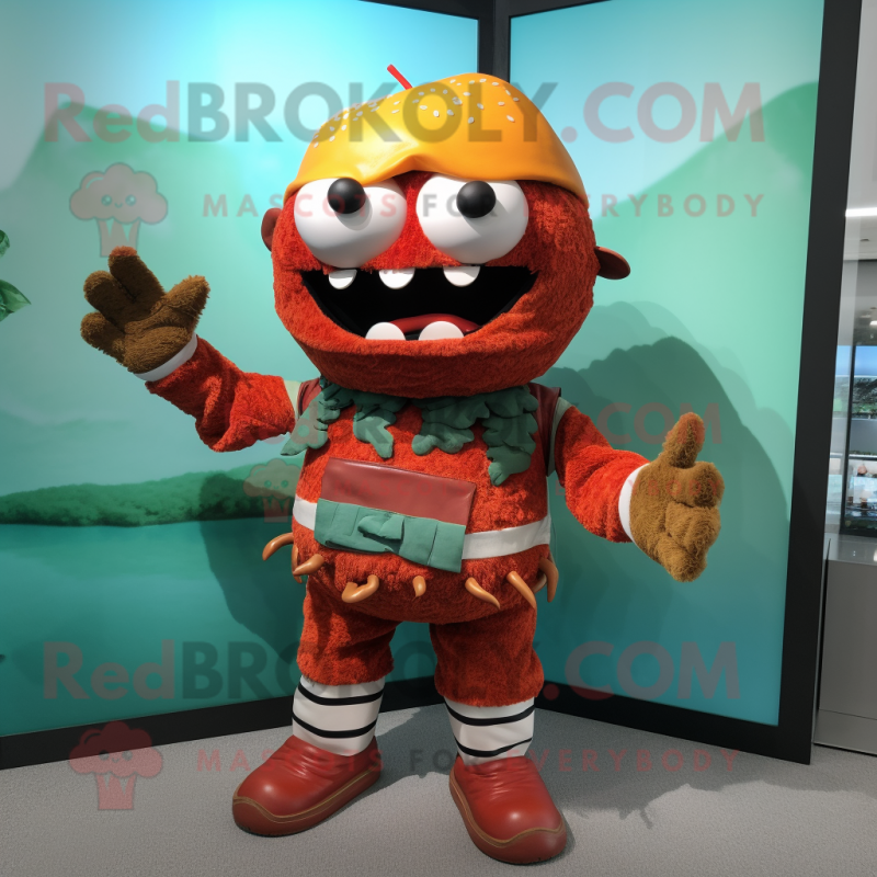 Rust Burgers mascot costume character dressed with a Bermuda Shorts and Gloves