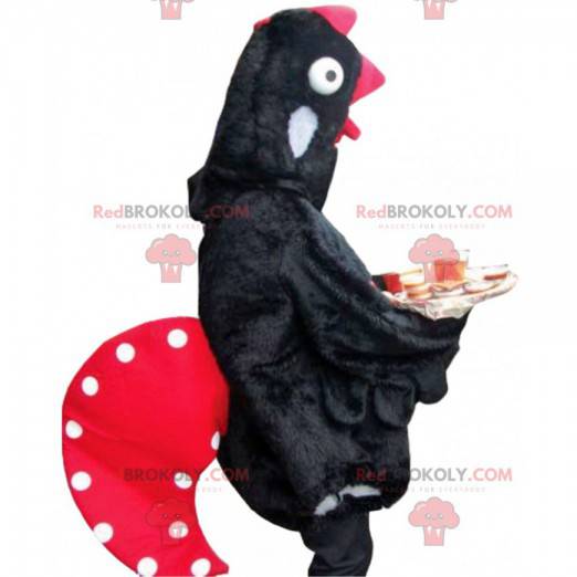 Mascotte de poulet noir avec une belle crête rouge -