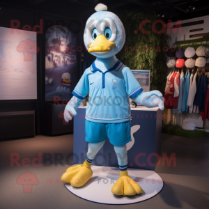 Sky Blue Gosling mascot costume character dressed with a Running Shorts and Lapel pins