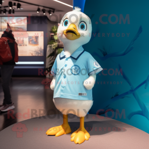 Sky Blue Gosling mascot costume character dressed with a Running Shorts and Lapel pins