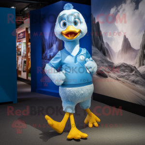 Sky Blue Gosling mascot costume character dressed with a Running Shorts and Lapel pins