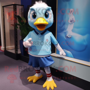 Sky Blue Gosling mascot costume character dressed with a Running Shorts and Lapel pins