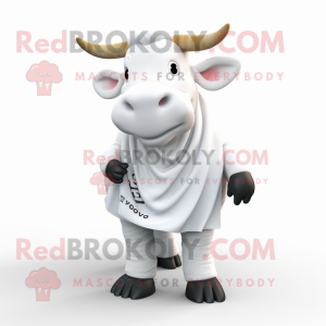 White Zebu mascot costume character dressed with a Graphic Tee and Scarves