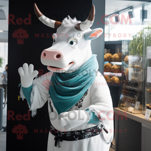 White Zebu mascot costume character dressed with a Graphic Tee and Scarves