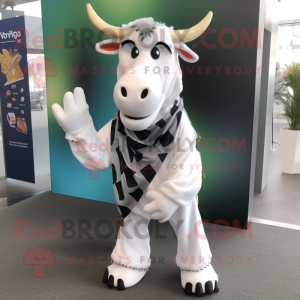 White Zebu mascot costume character dressed with a Graphic Tee and Scarves