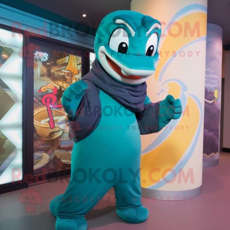 Teal Anaconda mascot costume character dressed with a Sweatshirt and Shawls