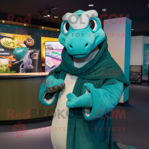 Teal Anaconda mascot costume character dressed with a Sweatshirt and Shawls